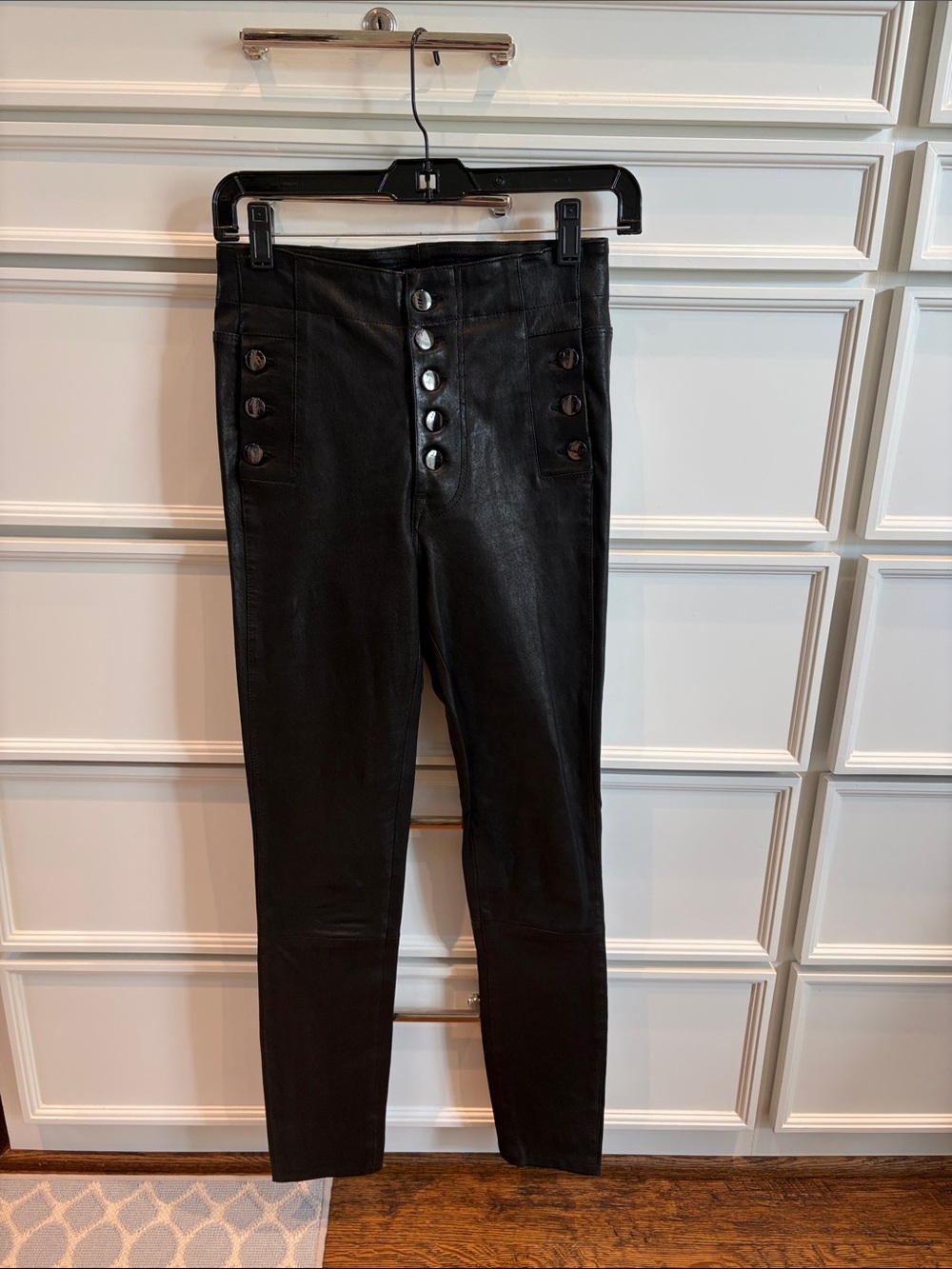 J Brand Black High-Rise Button-Front Leather Skinny Jeans